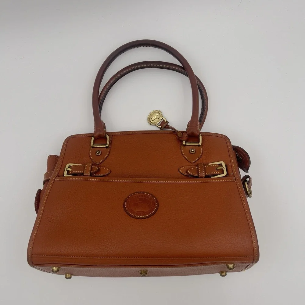 Dooney & Bourke Brown Pebbled Satchel Top Handle Bag Gold Hardware Zip Strap